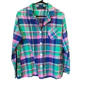 Lauren Ralph Lauren Black label women pajama top M plaid green pink TOP ONLY